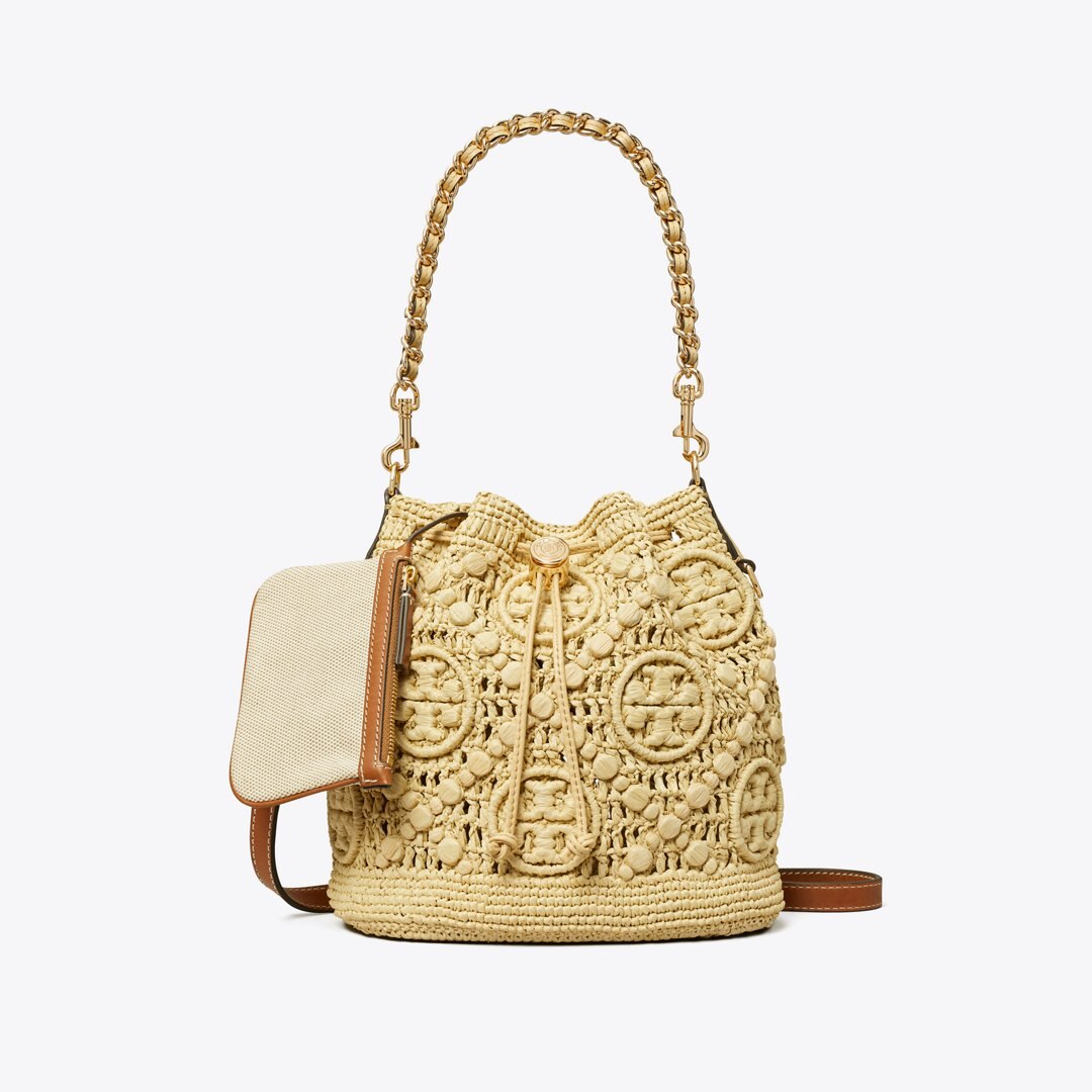 Tory Burch T Monogram Raffia Bucket Bag Natural
