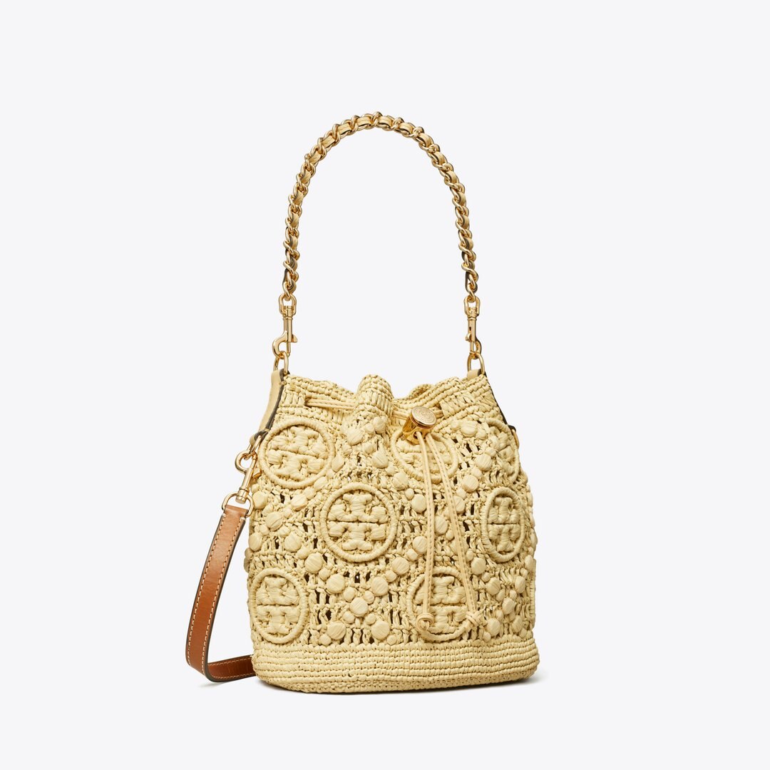 Tory Burch T Monogram Raffia Bucket Bag Natural