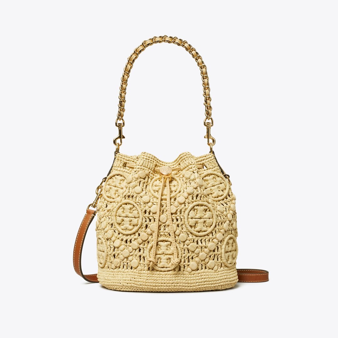 Tory Burch T Monogram Raffia Bucket Bag Natural
