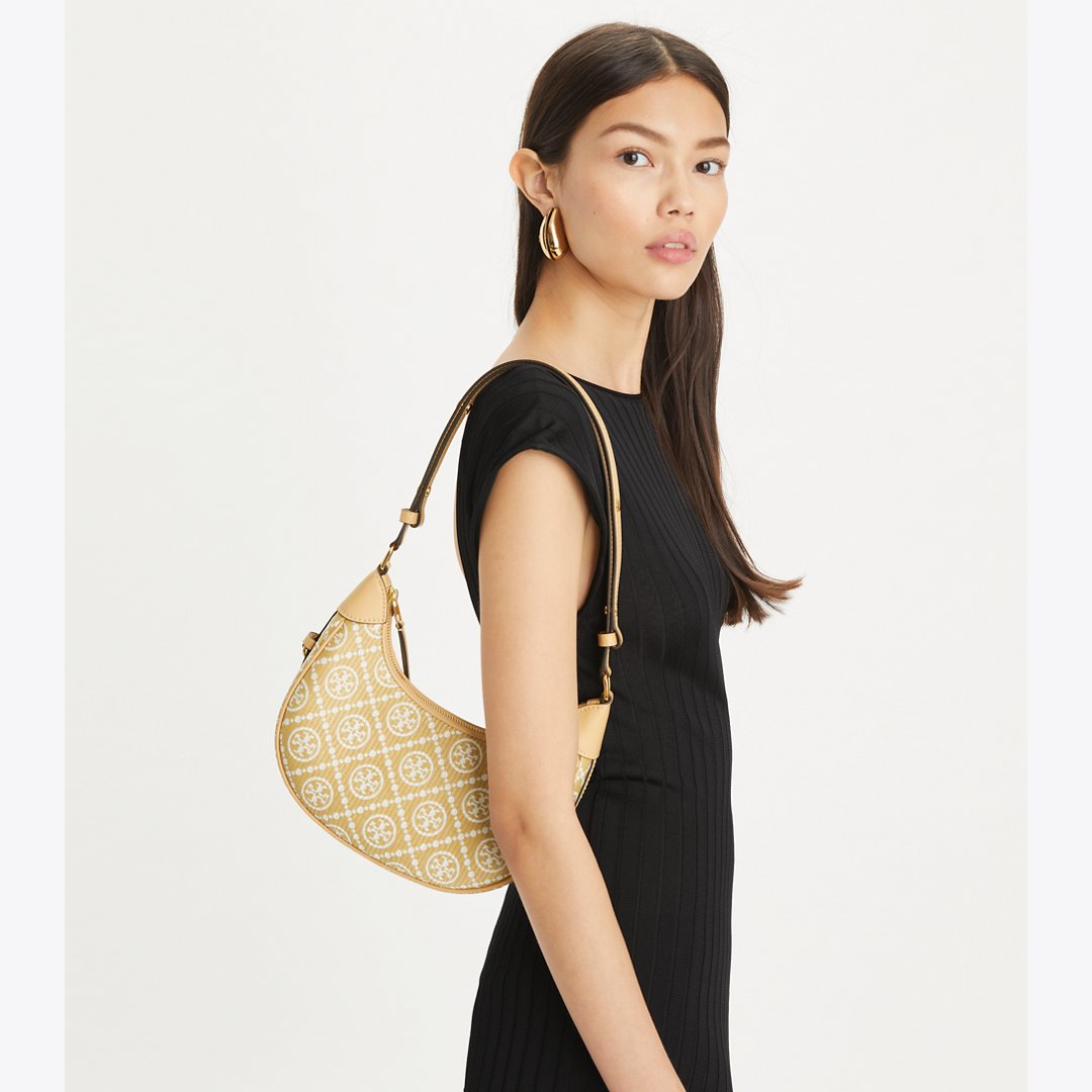 Tory Burch T Monogram Raffia Crescent Bag Natural
