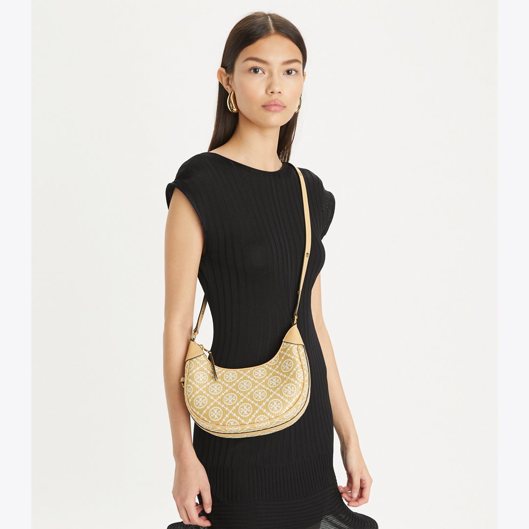 Tory Burch T Monogram Raffia Crescent Bag Natural