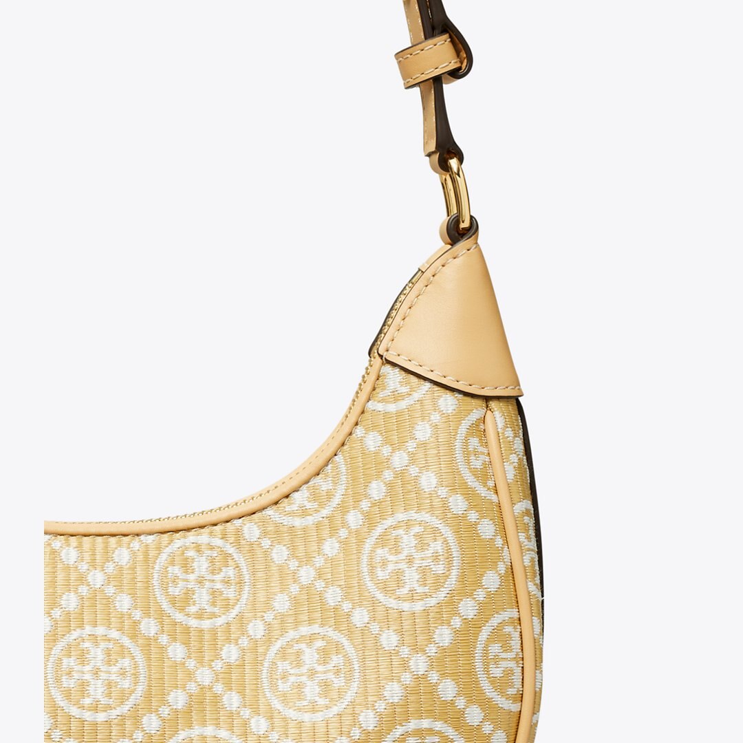 Tory Burch T Monogram Raffia Crescent Bag Natural