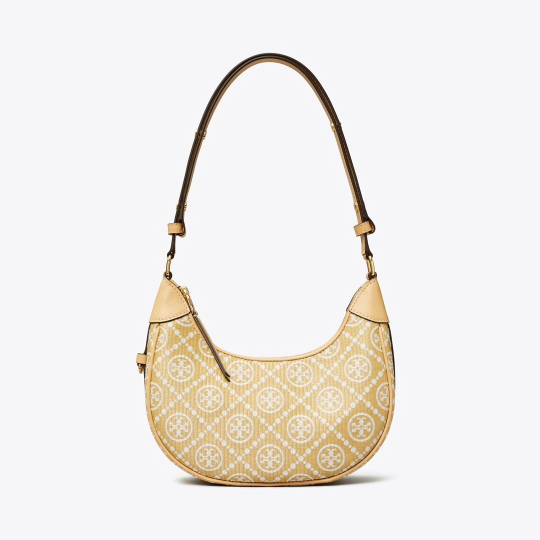 Tory Burch T Monogram Raffia Crescent Bag Natural