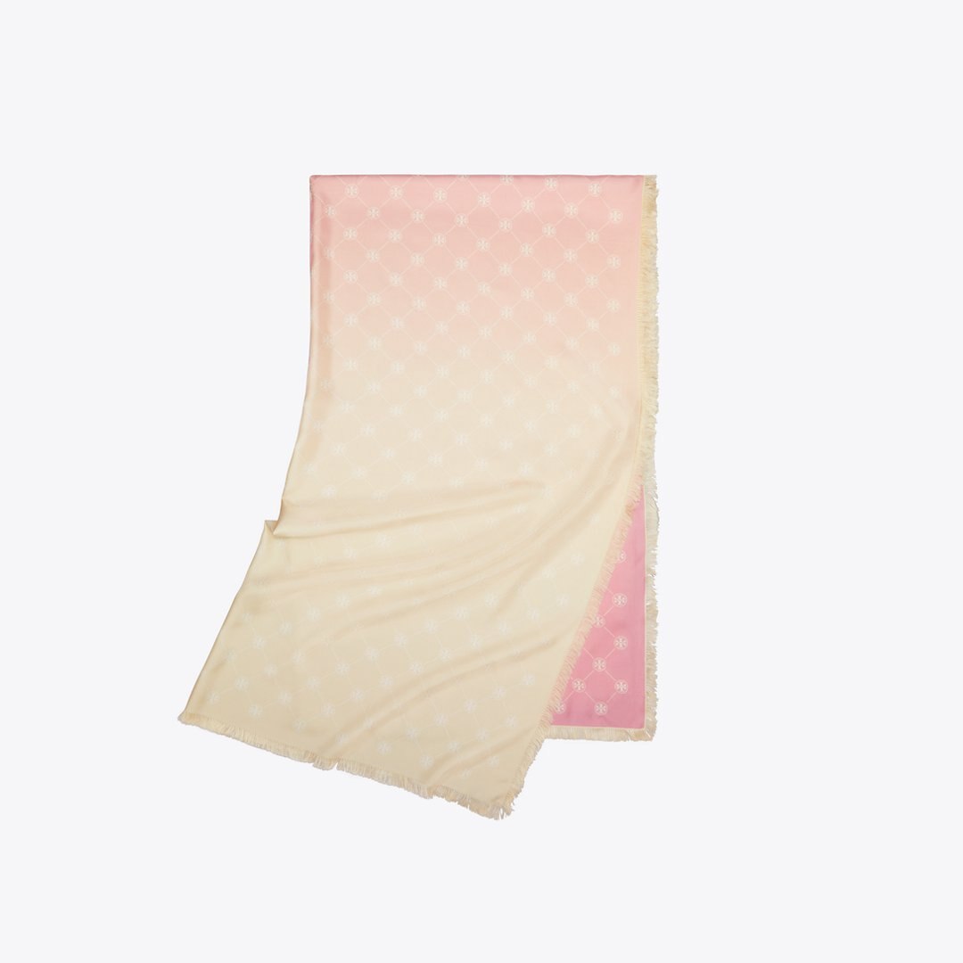 Tory Burch T Monogram Silk Oblong Scarf Pink/Yellow
