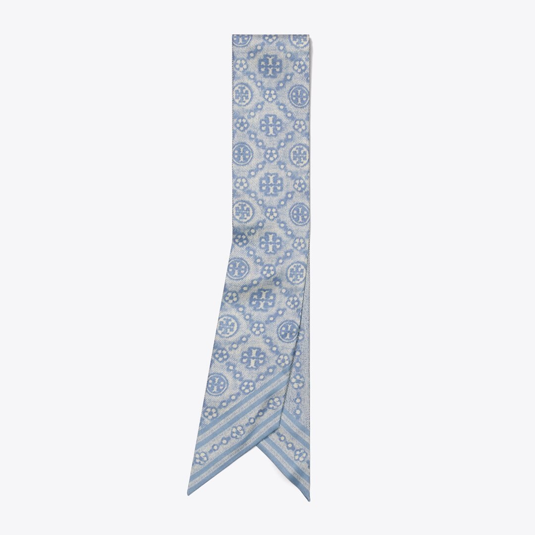 Tory Burch T Monogram Silk Ribbon Tie Blue
