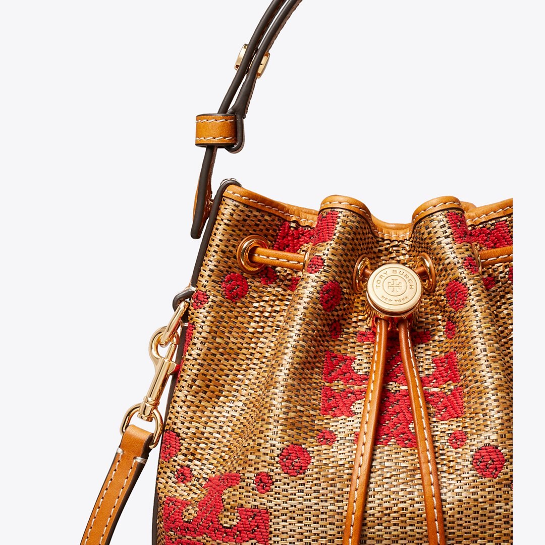 Tory Burch T Monogram Straw Mini Bucket Bag Natural