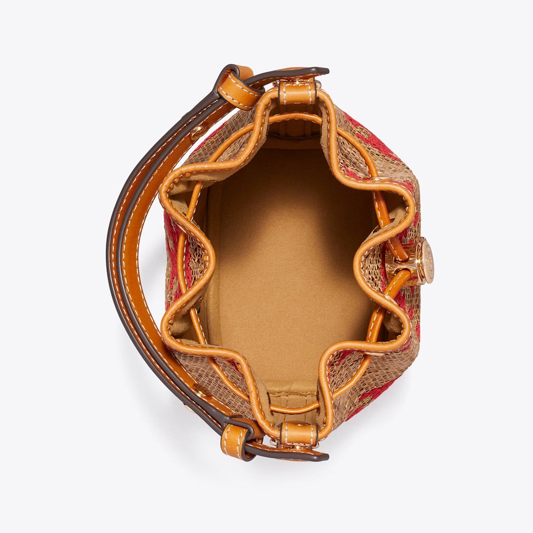 Tory Burch T Monogram Straw Mini Bucket Bag Natural