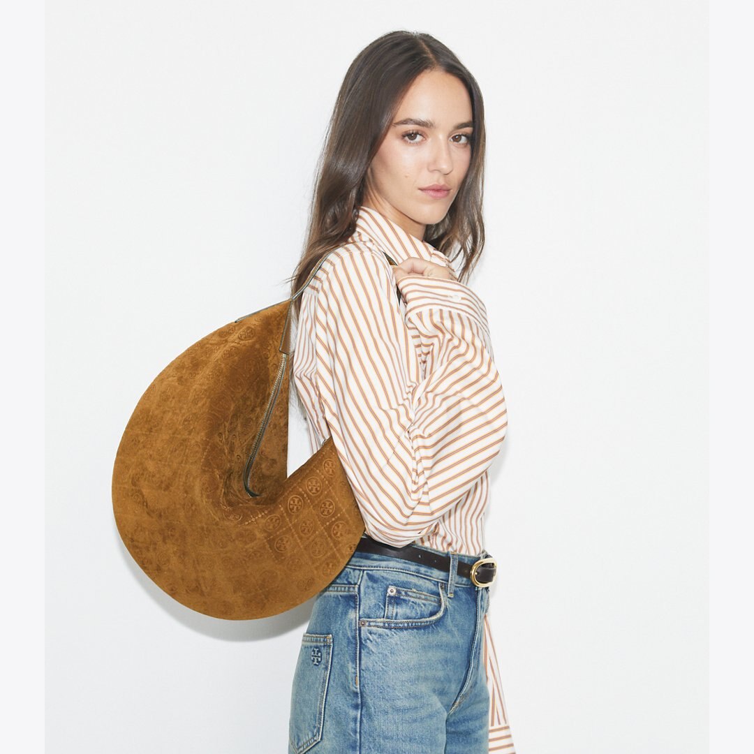 Tory Burch T Monogram Suede Balloon Bag CHICORY BROWN