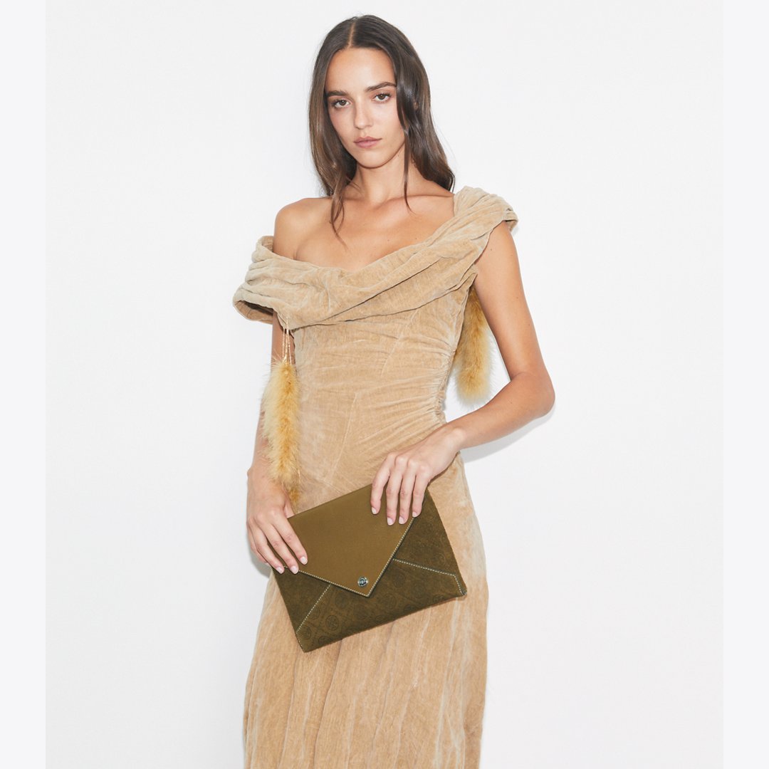 Tory Burch T Monogram Suede Envelope Chain Pouch Deep Olive