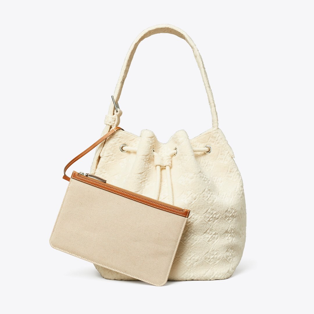 Tory Burch T Monogram Terry Oversized Bucket Bag Pearl