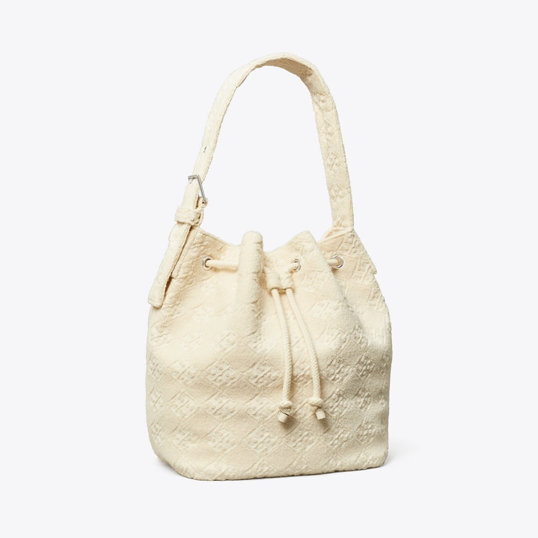 Tory Burch T Monogram Terry Oversized Bucket Bag Pearl