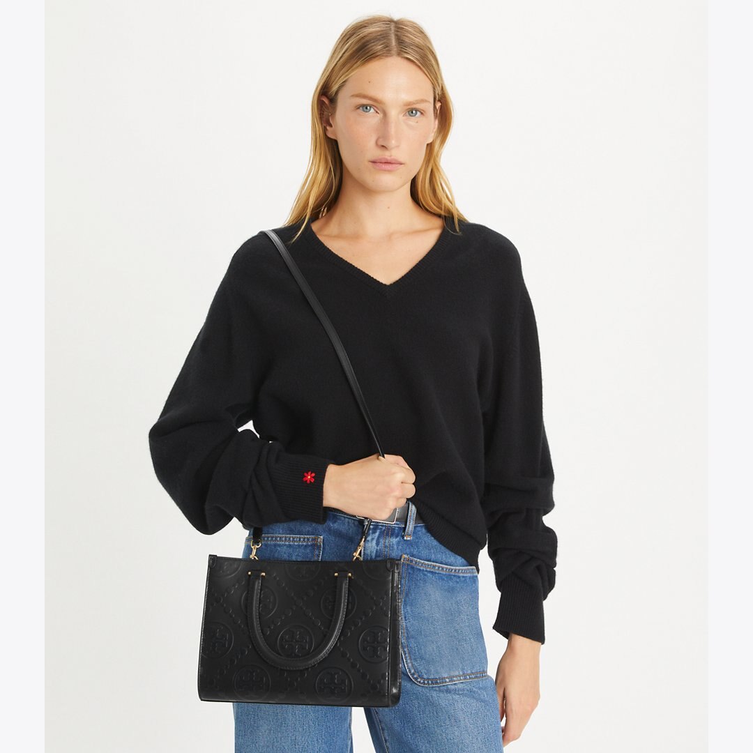 Tory Burch T Monogram Top-Handle Embossed Tote Black