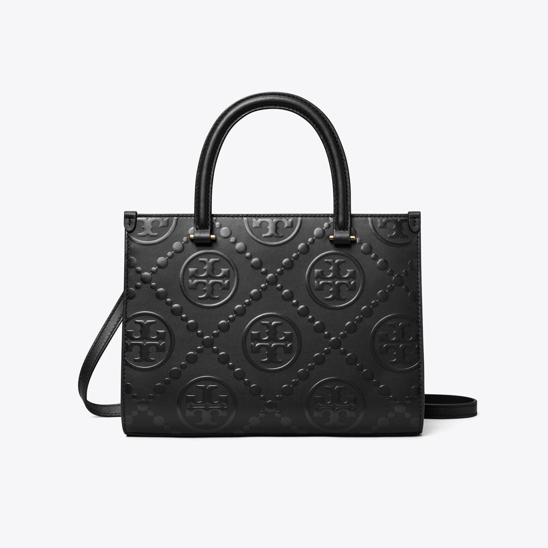 Tory Burch T Monogram Top-Handle Embossed Tote Black