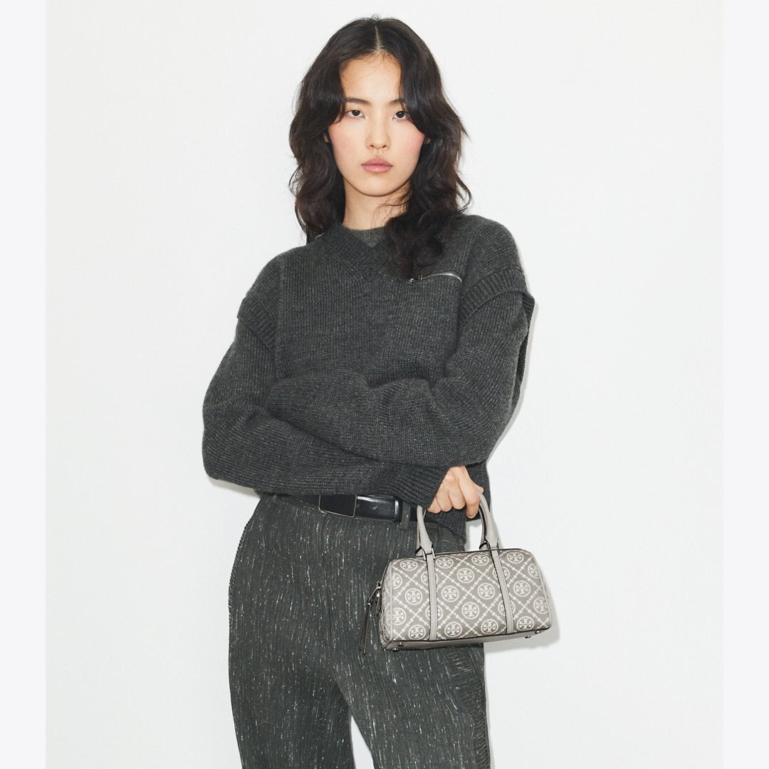 Tory Burch T Monogram Utility Mini Barrel Bag Gray