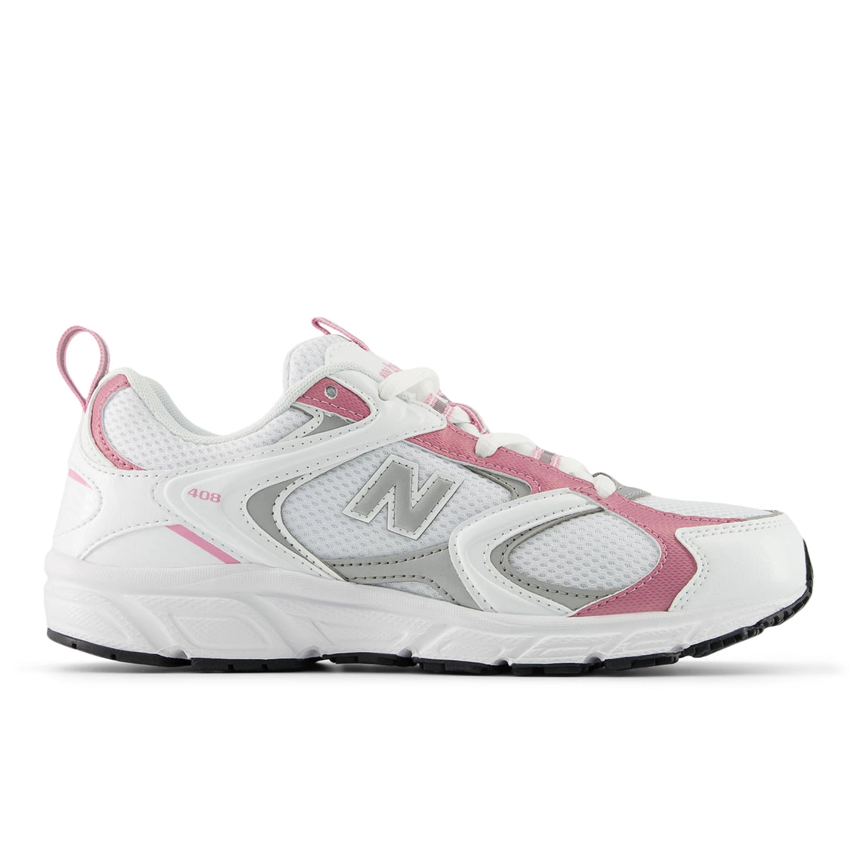 New Balance 408 White with Silver Metallic and Pink Sugar