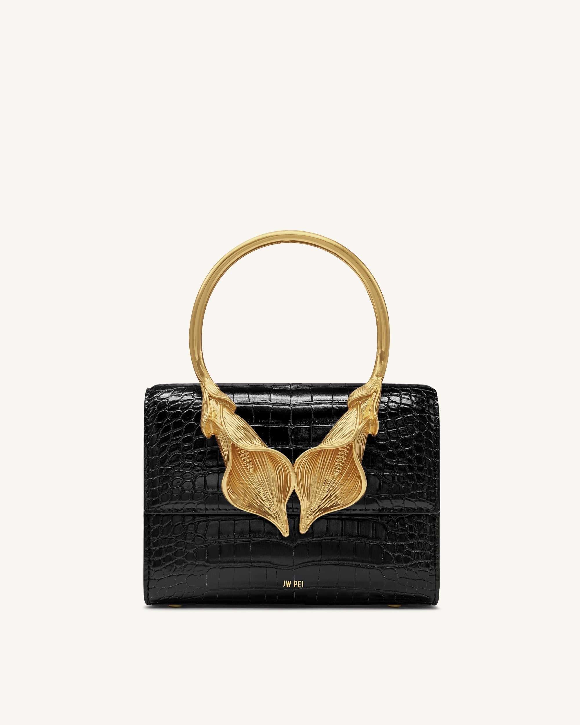 Jw Pei Astrid Calla Lily Metal Handle Top Handle Bag Black Croc