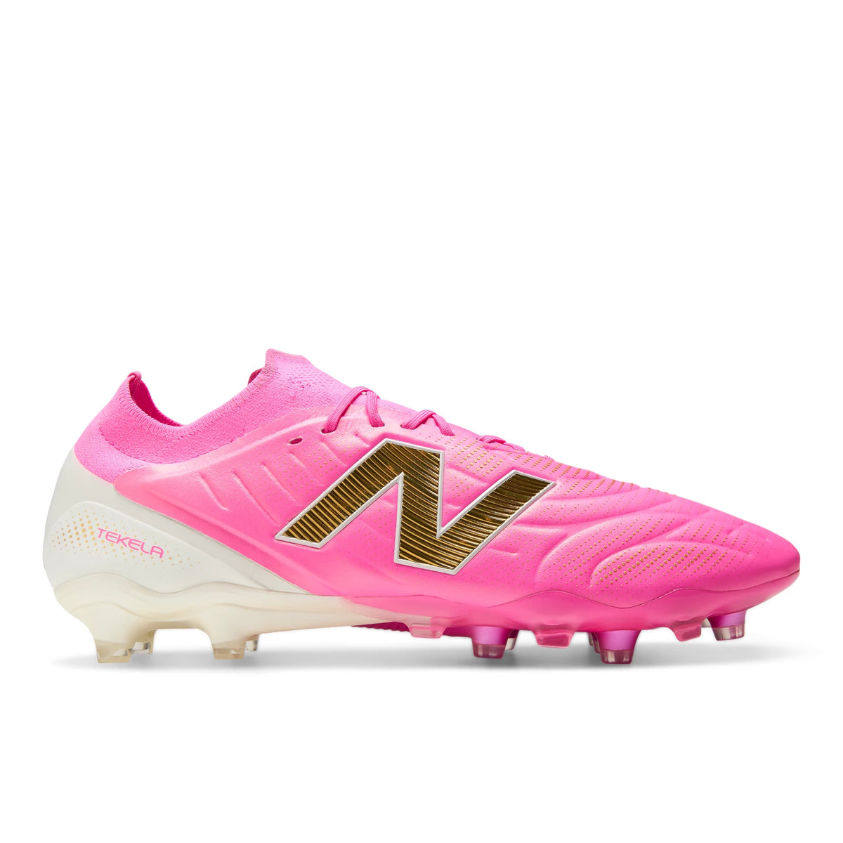 New Balance Tekela Elite Low FG V5 Pink Heat with Metallic Gold and Pink Satin