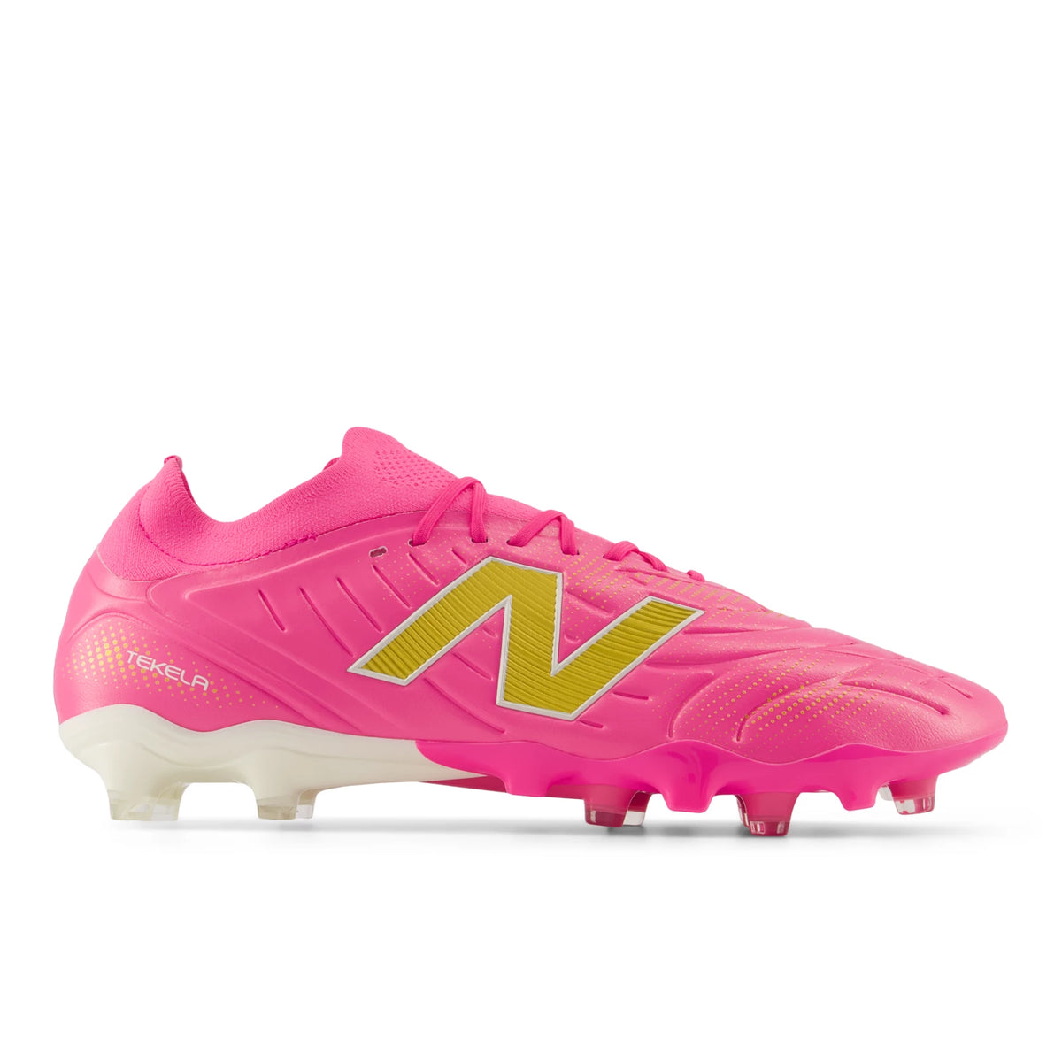 New Balance Tekela Pro Low FG V5 Pink Heat with Metallic Gold and Pink Satin