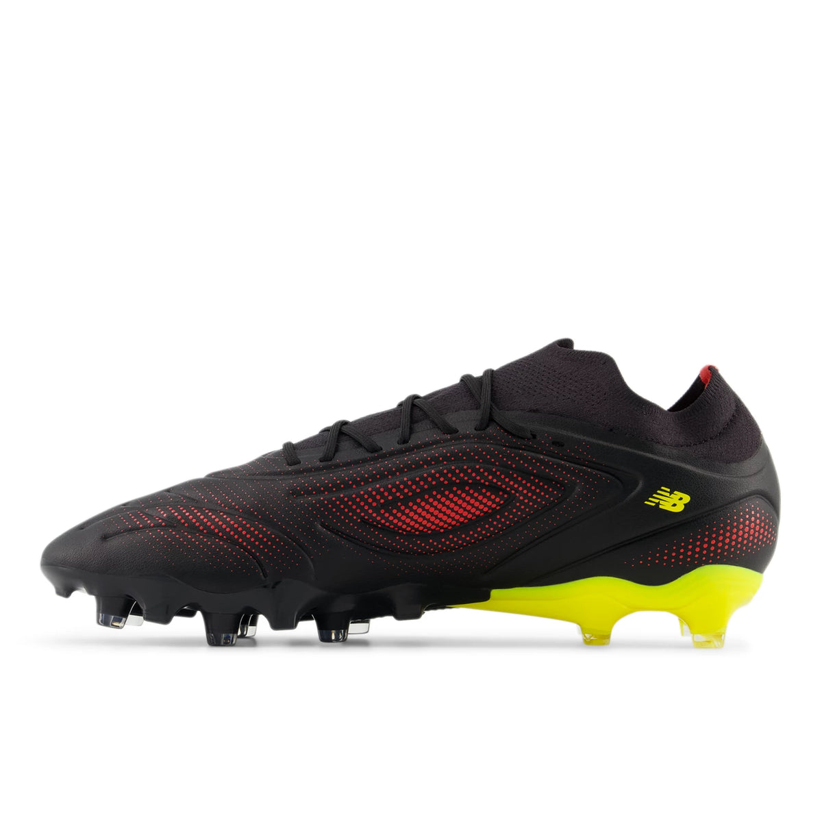 New Balance Tekela Team Low FG V5 Black 100 with Punch Yellow and Fire Cracker