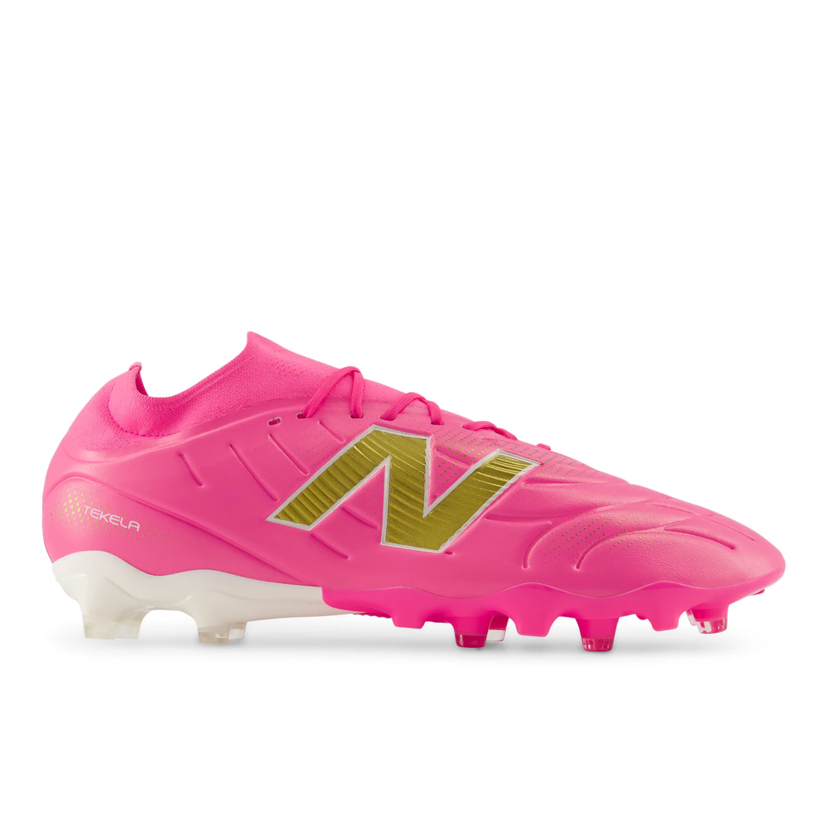 New Balance Tekela Team Low FG V5 Pink Heat with Metallic Gold and Pink Satin