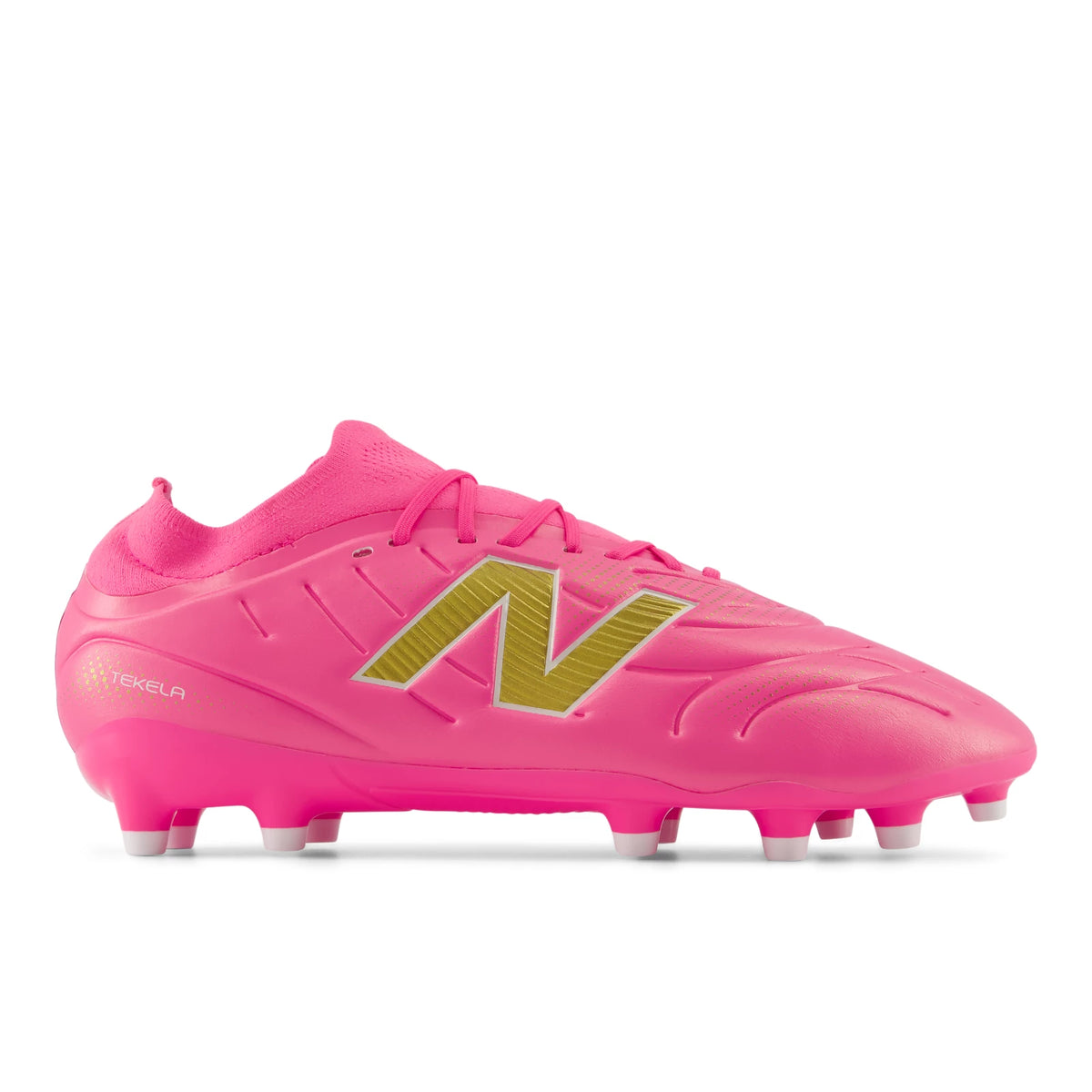 New Balance Tekela Women's Team Low MG V5 Pink Heat with Metallic Gold and Pink Satin