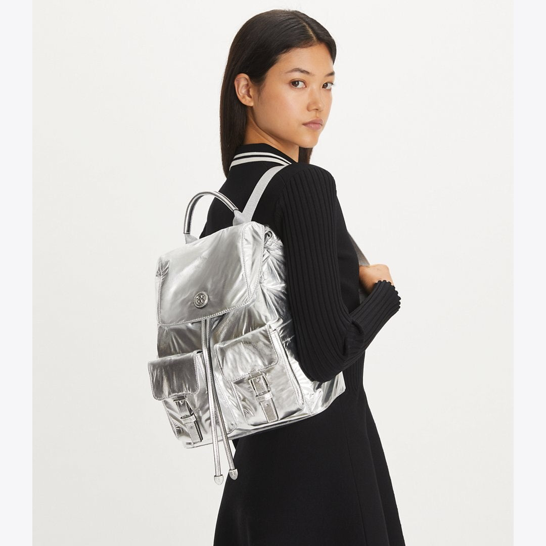 Tory Burch Virginia Metallic Flap Backpack Silver