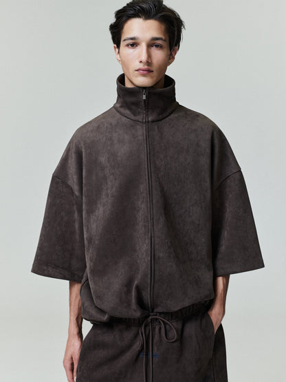 Essentials Suede Fleece High Neck 3/4 Sleeve Jacket Brown