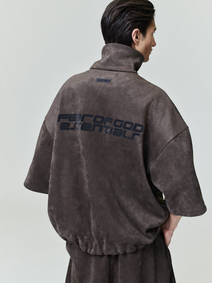 Essentials Suede Fleece High Neck 3/4 Sleeve Jacket Brown