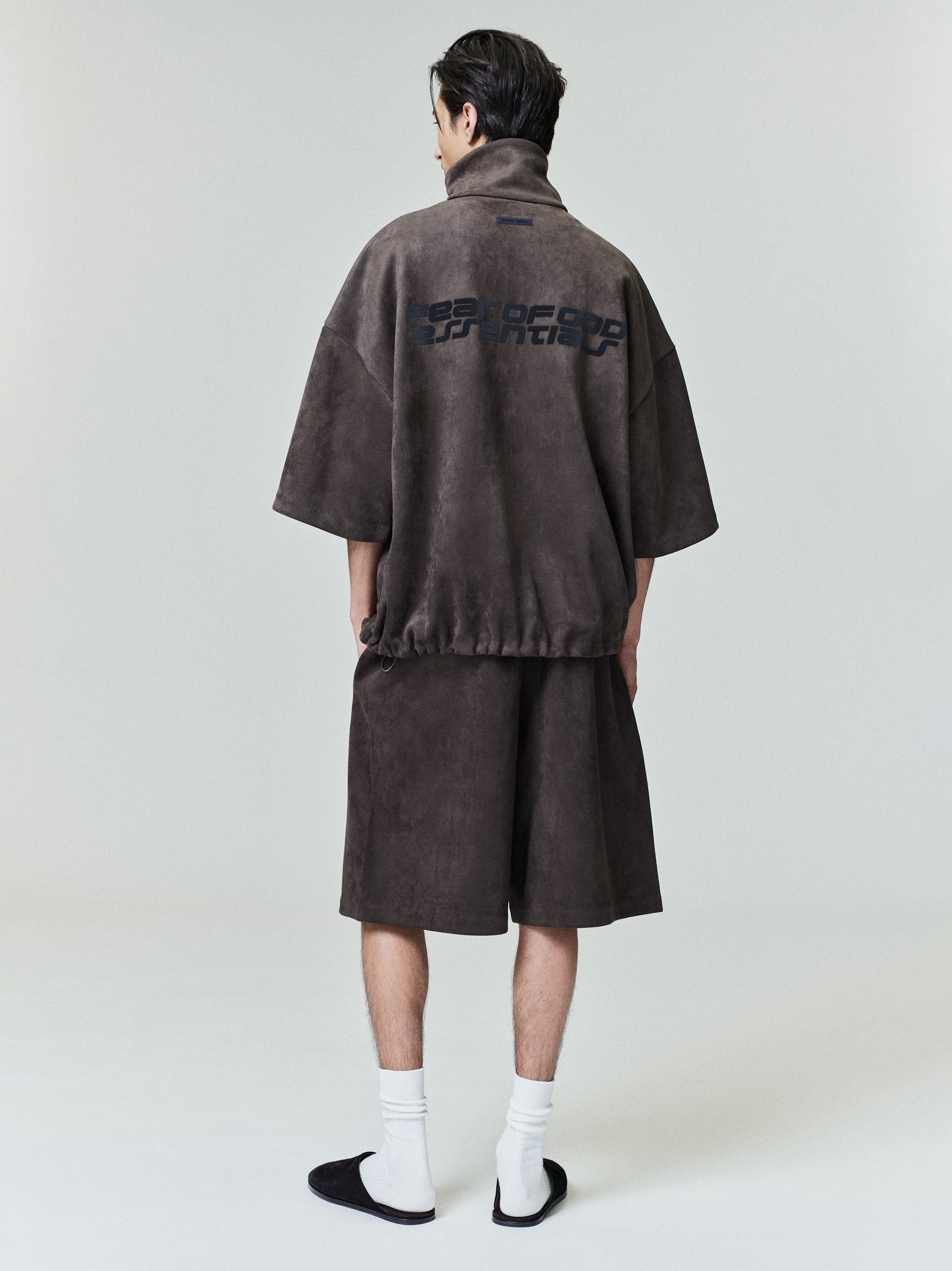 Essentials Suede Fleece High Neck 3/4 Sleeve Jacket Brown