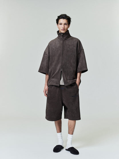 Essentials Suede Fleece High Neck 3/4 Sleeve Jacket Brown