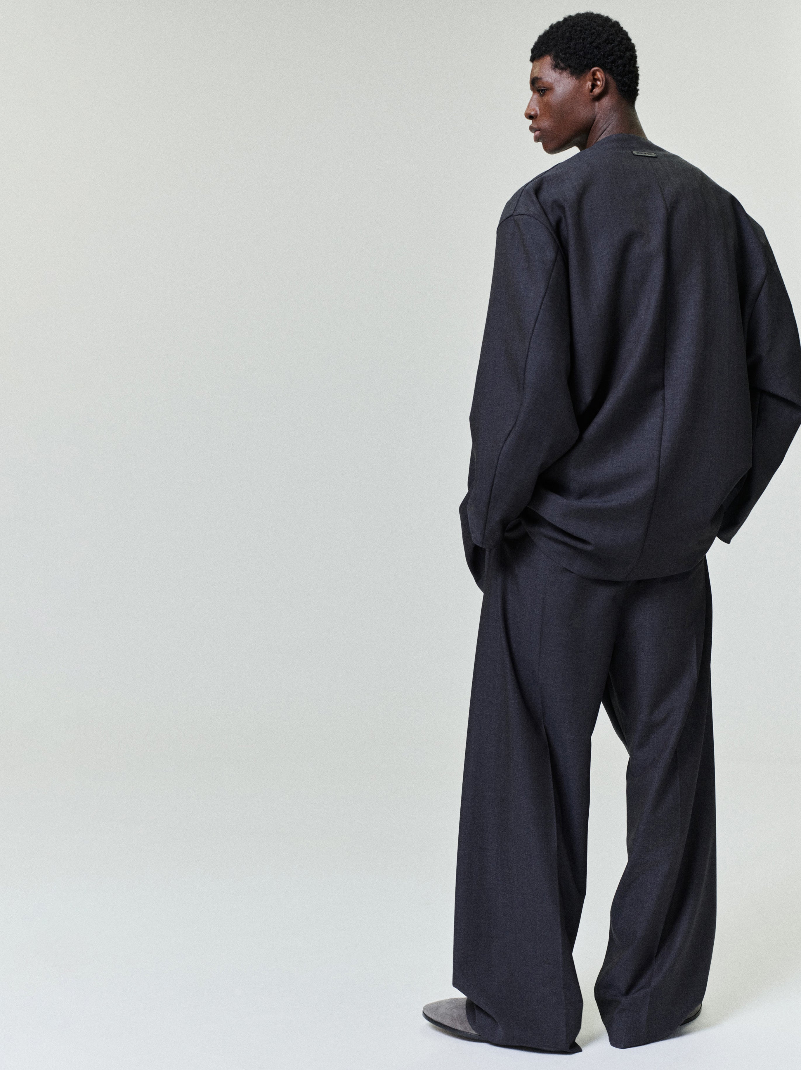 Essentials Grey Striped Wool Wide Leg Drawstring Pants Grey Striped