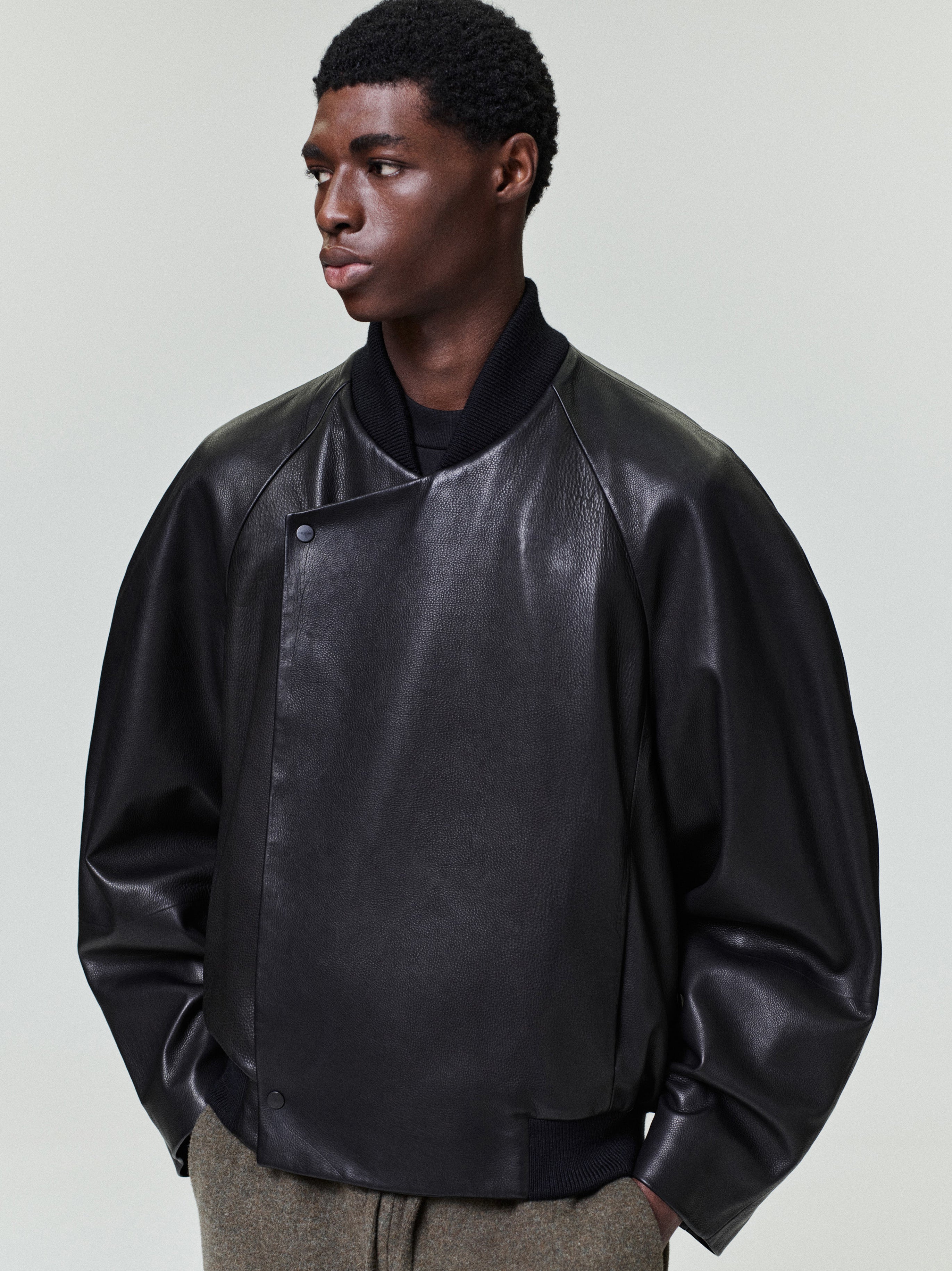 Essentials Leather Raglan Bomber Jacket Black