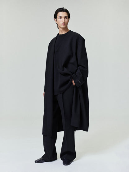 Essentials Double Weave Wool Double Breasted Lapelless Coat Black