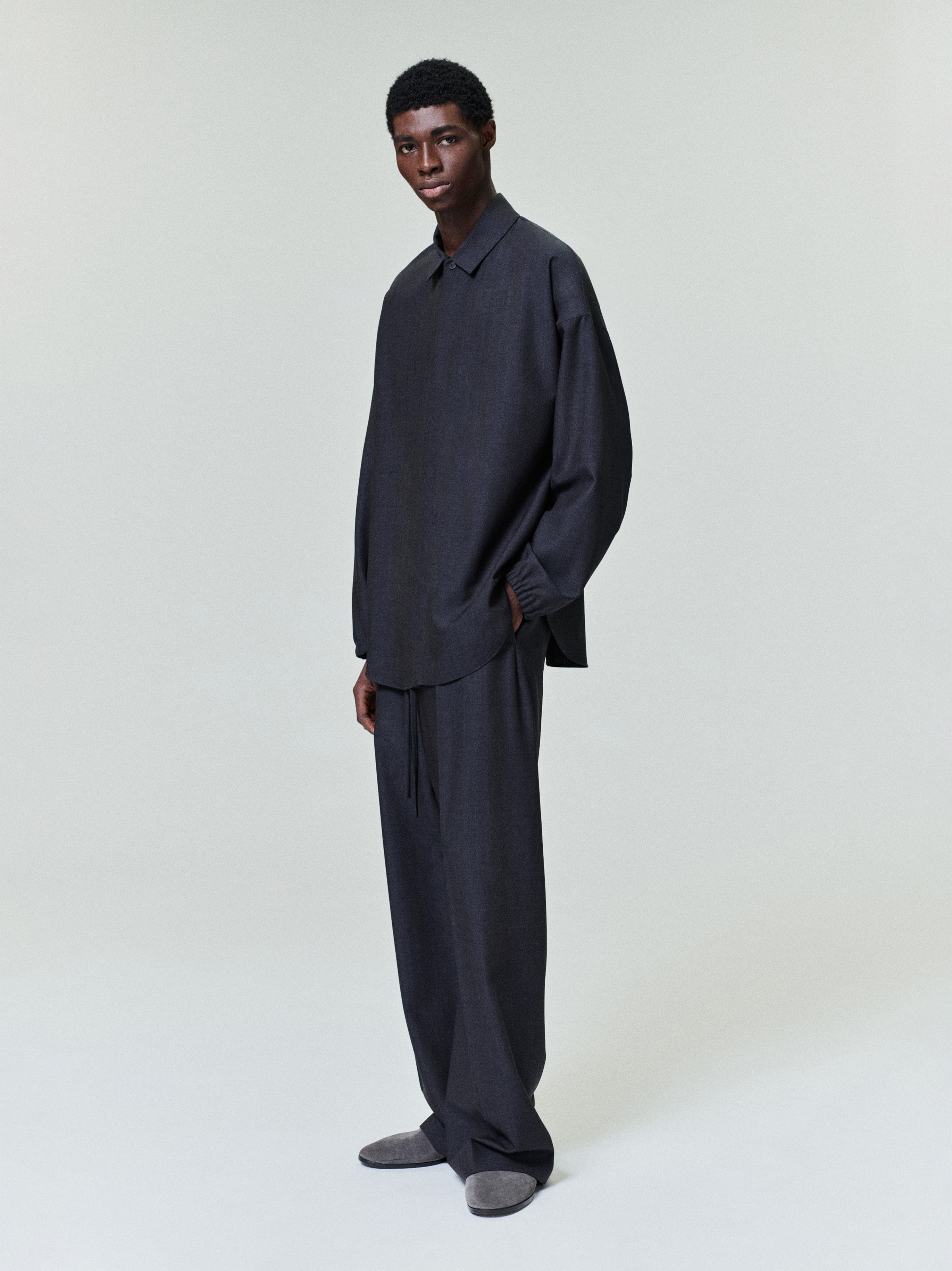 Essentials Grey Striped Wool Wide Leg Drawstring Pants Grey Striped