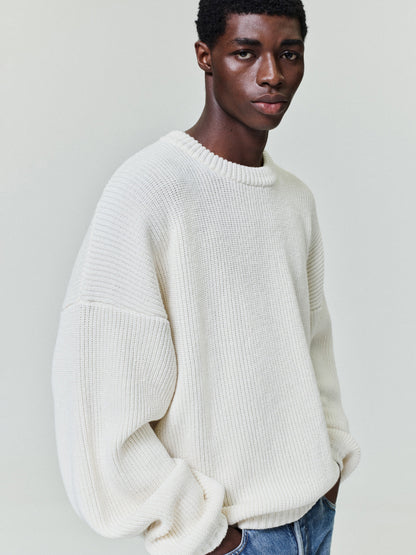Essentials Double Knit Linen Wool Cotton Crewneck Sweater Cream