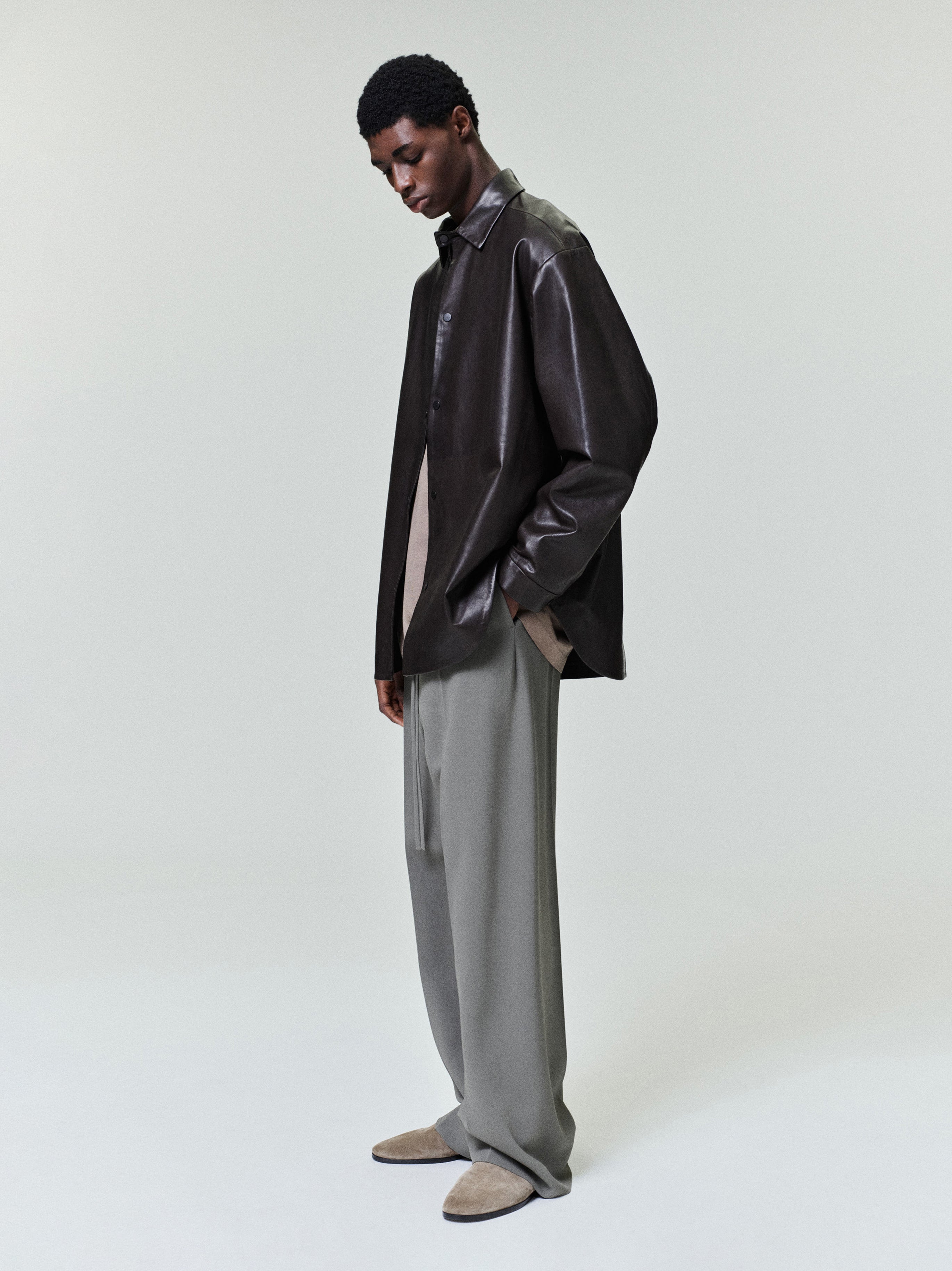 Essentials Leather Relaxed Shirt Dark Brown