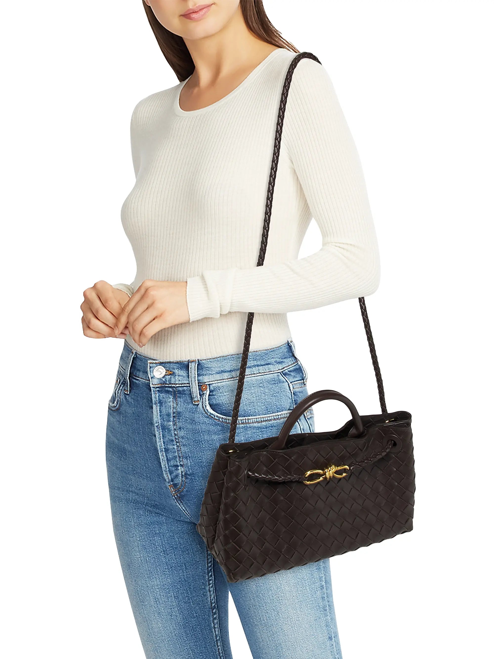 Bottega Veneta Small East-West Andiamo Intrecciato Leather Top-Handle Bag