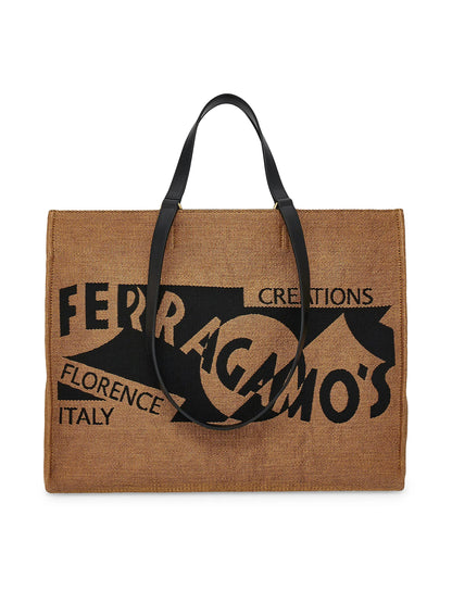 FERRAGAMO Large F. Signature Raffia & Leather Tote Bag
