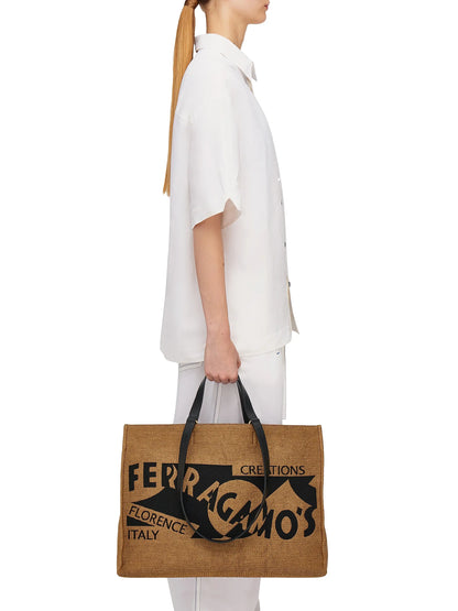 FERRAGAMO Large F. Signature Raffia & Leather Tote Bag