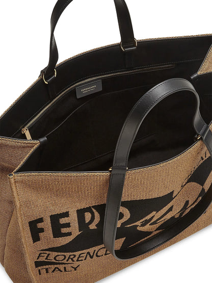 FERRAGAMO Large F. Signature Raffia & Leather Tote Bag