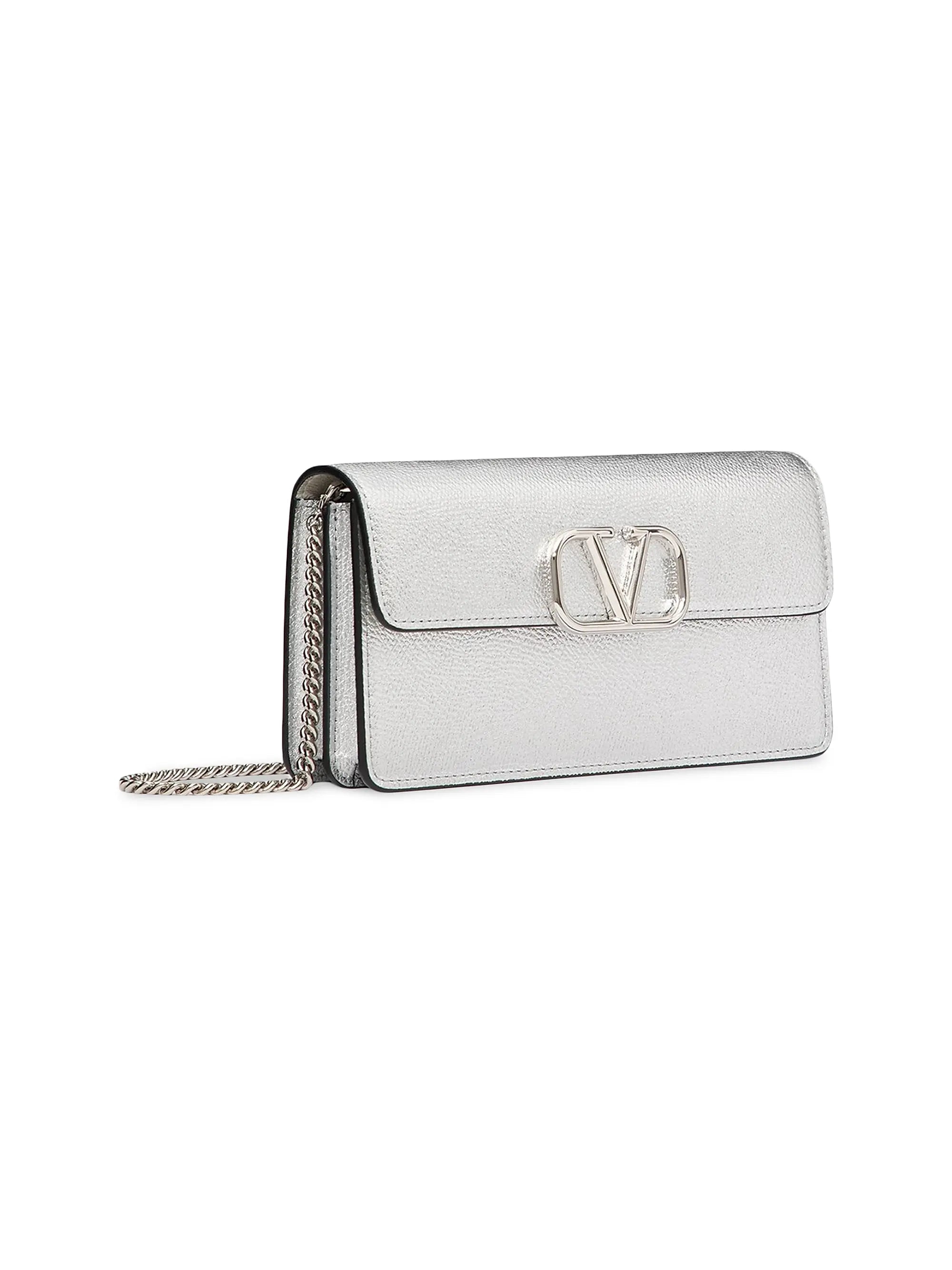 Valentino Garavani VLogo Signature Metallic Grainy Calfskin Wallet with Chain