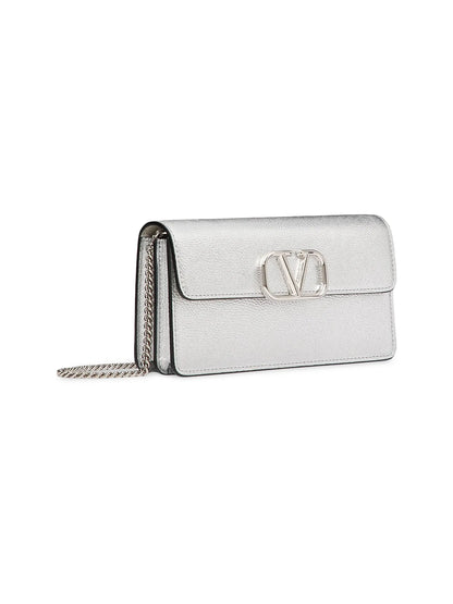 Valentino Garavani VLogo Signature Metallic Grainy Calfskin Wallet with Chain