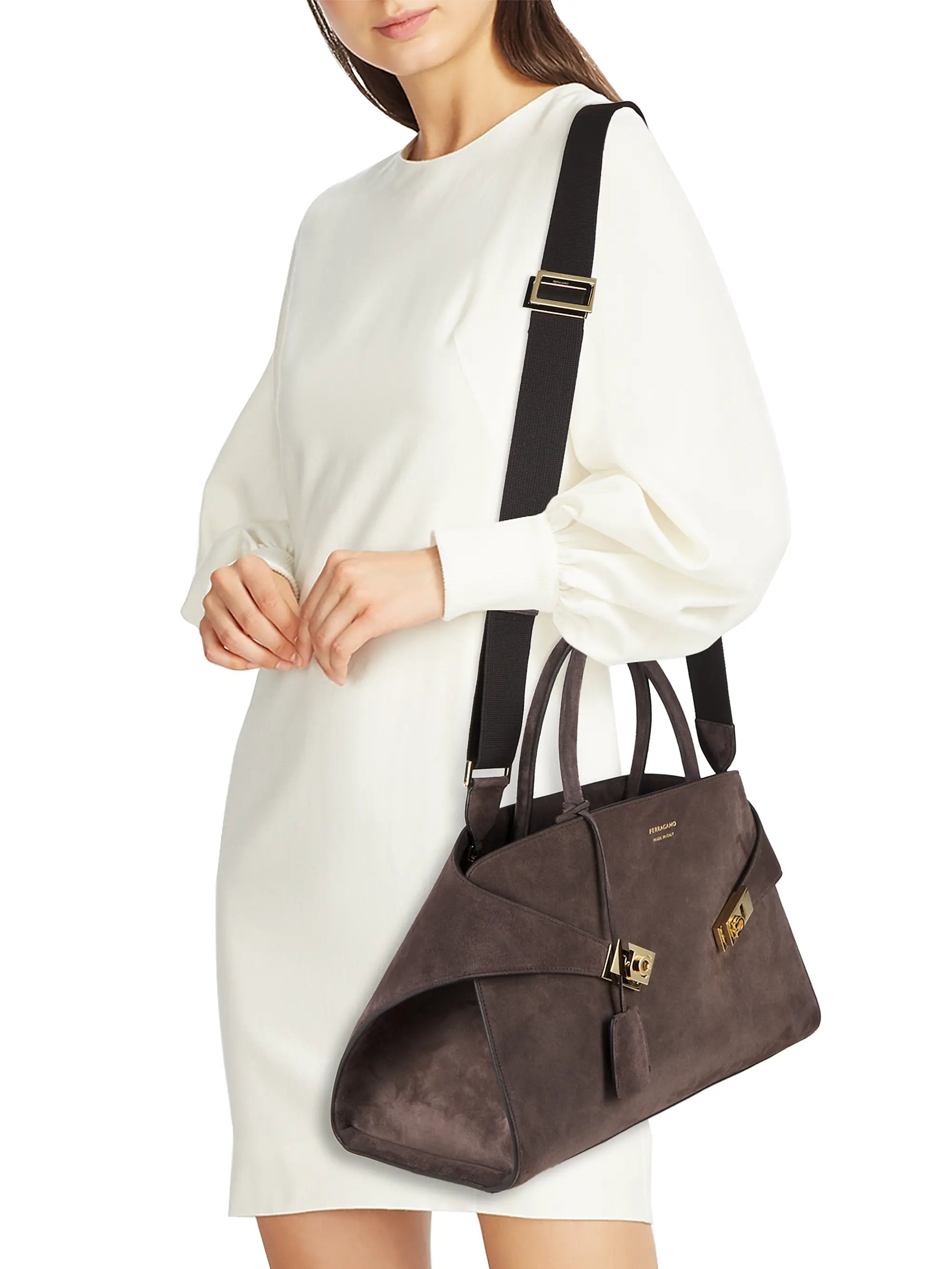 FERRAGAMO Large Hug Suede Top Handle Bag