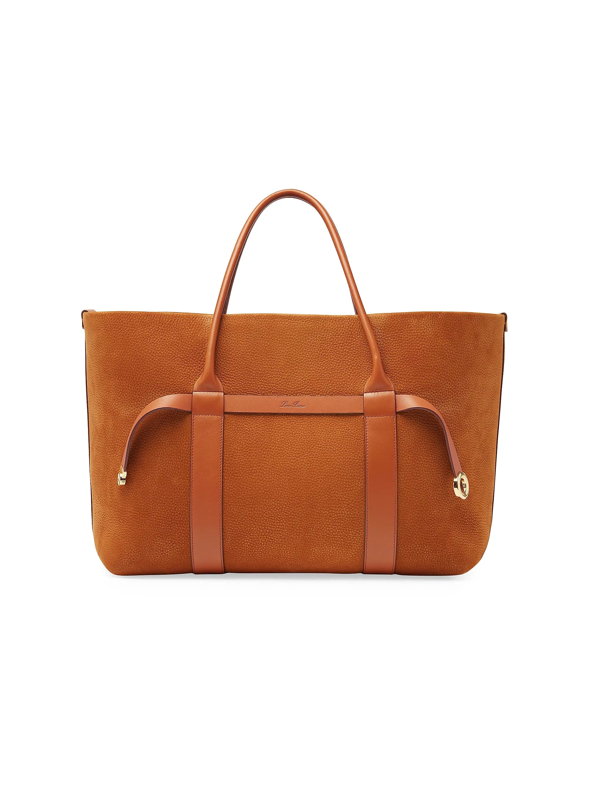 Loro Piana Large Ghiera Grained Leather Shopper Tote Bag in Bon Ton Brown with sun-gold hardware, front view