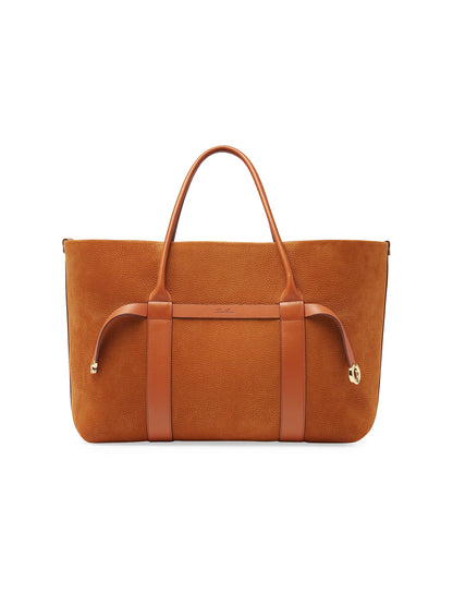 Loro Piana Large Ghiera Grained Leather Shopper Tote Bag in Bon Ton Brown with sun-gold hardware, front view