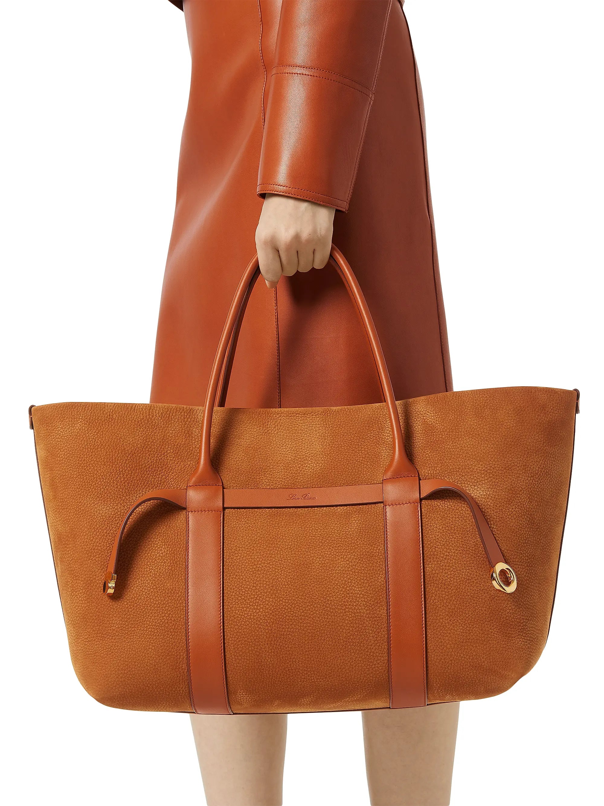 Loro Piana Ghiera Shopper Tote Bon Ton Brown, side profile showing leather handles and Ghiera ring clasp