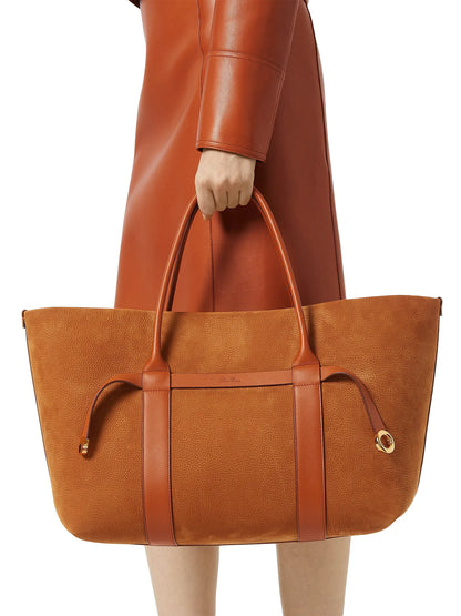 Loro Piana Ghiera Shopper Tote Bon Ton Brown, side profile showing leather handles and Ghiera ring clasp