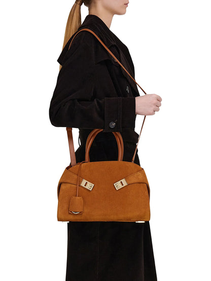 FERRAGAMO Hug Textured Suede Top Handle Bag