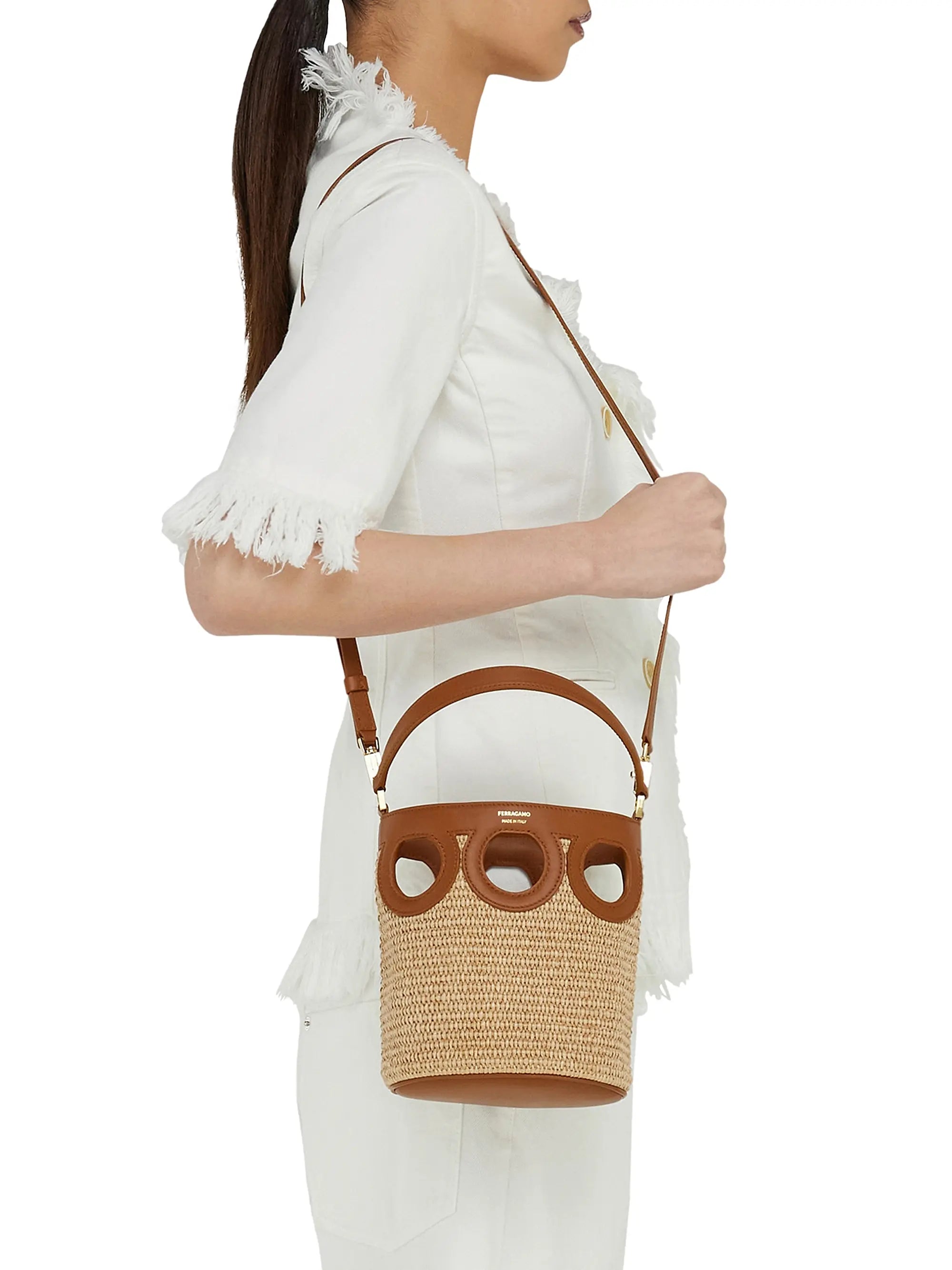 FERRAGAMO Mini Raffia Bucket Bag