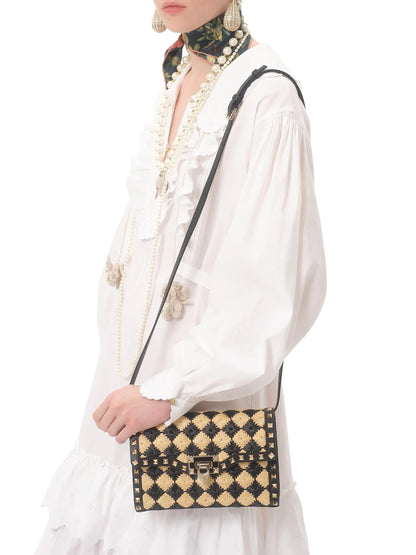 Valentino Garavani Rockstud Small Shoulder Bag in Embroidered Synthetic Raffia